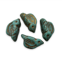 Load image into Gallery viewer, Czech glass large bird beads 4pc matte blue green turquoise bronze 22x11mm-Orange Grove Beads
