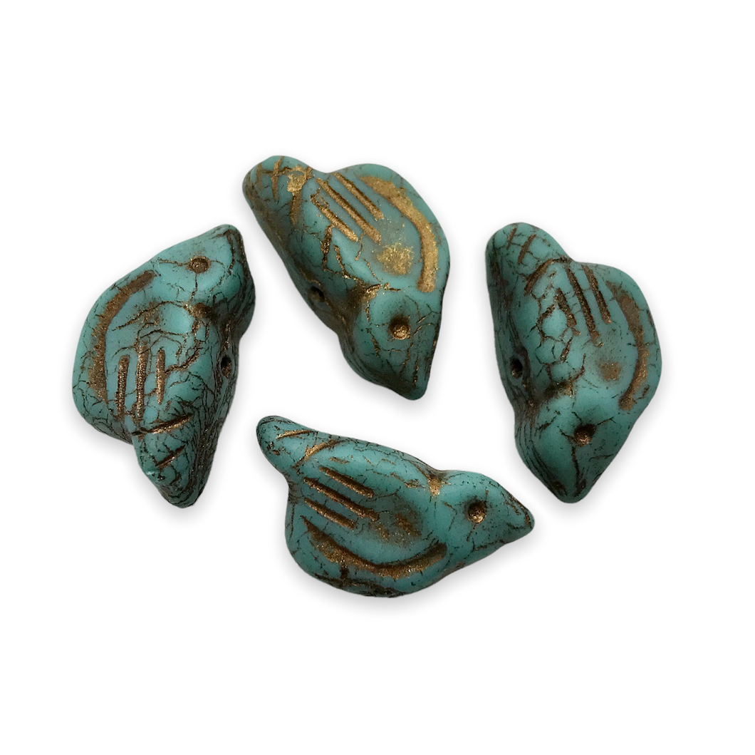 Czech glass large bird beads 4pc matte blue green turquoise bronze 22x11mm-Orange Grove Beads