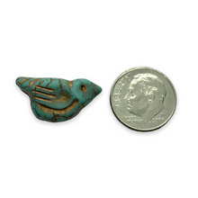 Load image into Gallery viewer, Czech glass large bird beads 4pc matte blue green turquoise bronze 22x11mm
