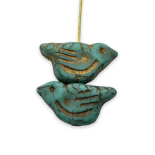 Load image into Gallery viewer, Czech glass large bird beads 4pc matte blue green turquoise bronze 22x11mm
