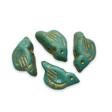 Load image into Gallery viewer, Czech glass large bird beads 4pc blue green turquoise gold 22x11mm-Orange Grove Beads
