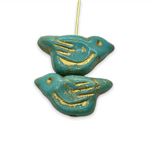 Load image into Gallery viewer, Czech glass large bird beads 4pc blue green turquoise gold 22x11mm

