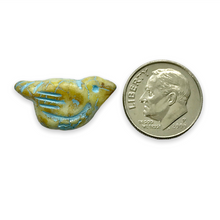 Load image into Gallery viewer, Czech glass large bird beads 4pc white picasso turquoise 22x11mm
