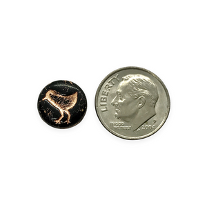 Czech glass bird coin beads 10pc jet black copper wash 12mm