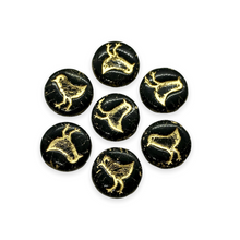 Load image into Gallery viewer, Czech glass bird coin beads 10pc jet black gold wash 12mm-Orange Grove Beads

