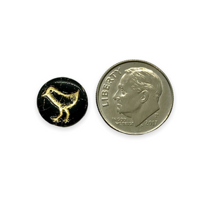 Czech glass bird coin beads 10pc jet black gold wash 12mm