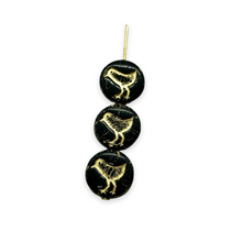 Load image into Gallery viewer, Czech glass bird coin beads 10pc jet black gold wash 12mm
