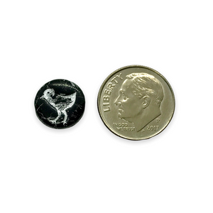 Czech glass bird coin beads 10pc jet black silver wash 12mm