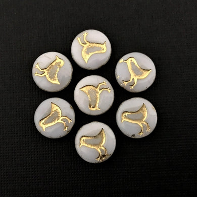 Czech glass bird coin beads 10pc opaline white gold wash 12mm-Orange Grove Beads
