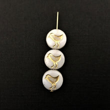 Load image into Gallery viewer, Czech glass bird coin beads 10pc opaline white gold wash 12mm

