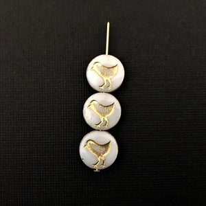 Czech glass bird coin beads 10pc opaline white gold wash 12mm