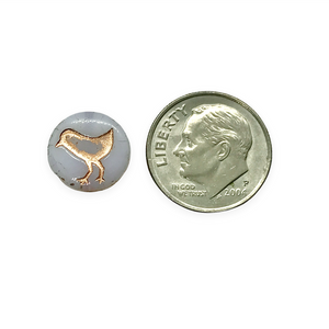 Czech glass bird coin beads 10pc opaline white copper wash 12mm
