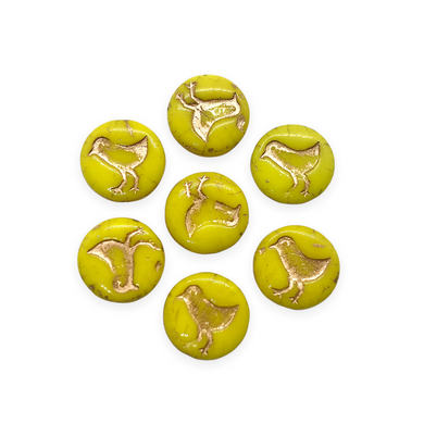 Czech glass bird coin beads 10pc opaque yellow copper wash 12mm-Orange Grove Beads