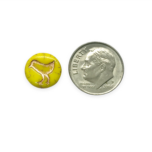 Czech glass bird coin beads 10pc opaque yellow copper wash 12mm