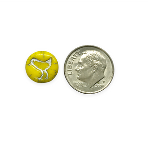 Czech glass bird coin beads 10pc opaque yellow silver wash 12mm