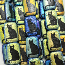 Load image into Gallery viewer, Czech glass rectangle laser tattoo black cat beads 6pc etched jet AB 18x12mm
