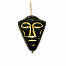 Load image into Gallery viewer, Czech glass XL tribal mask tiki focal beads 4pcs jet black with gold inlay 25x20mm

