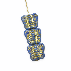 Czech glass small butterfly beads 12pc opaque blue gold 11x10mm