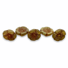 Load image into Gallery viewer, Czech glass hibiscus flower button beads 12pc champagne picasso 12mm

