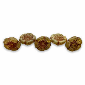 Czech glass hibiscus flower button beads 12pc champagne picasso 12mm