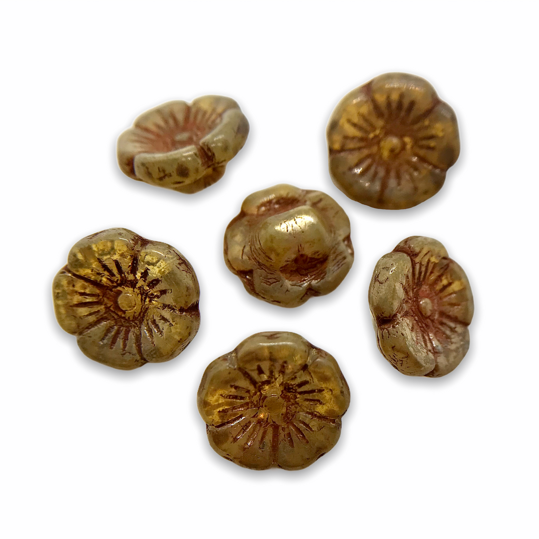 Czech glass hibiscus flower button beads 12pc champagne picasso 12mm-Orange Grove Beads