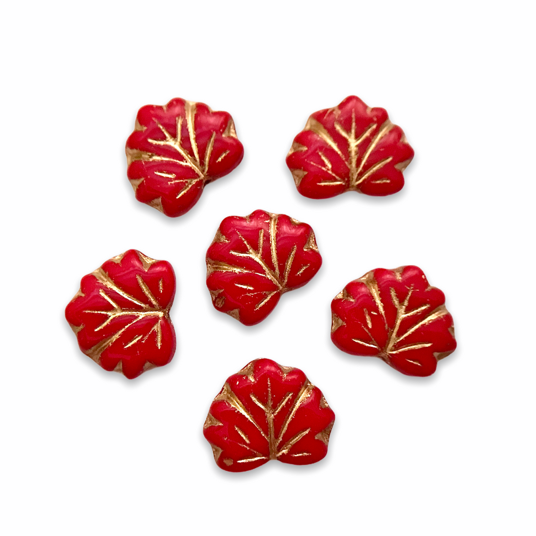 Czech glass maple leaf beads opaque red gold 12pc 13x11mm-Orange Grove Beads