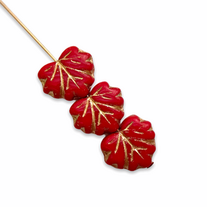 Czech glass Canada maple leaf beads opaque red gold 12pc 13x11mm