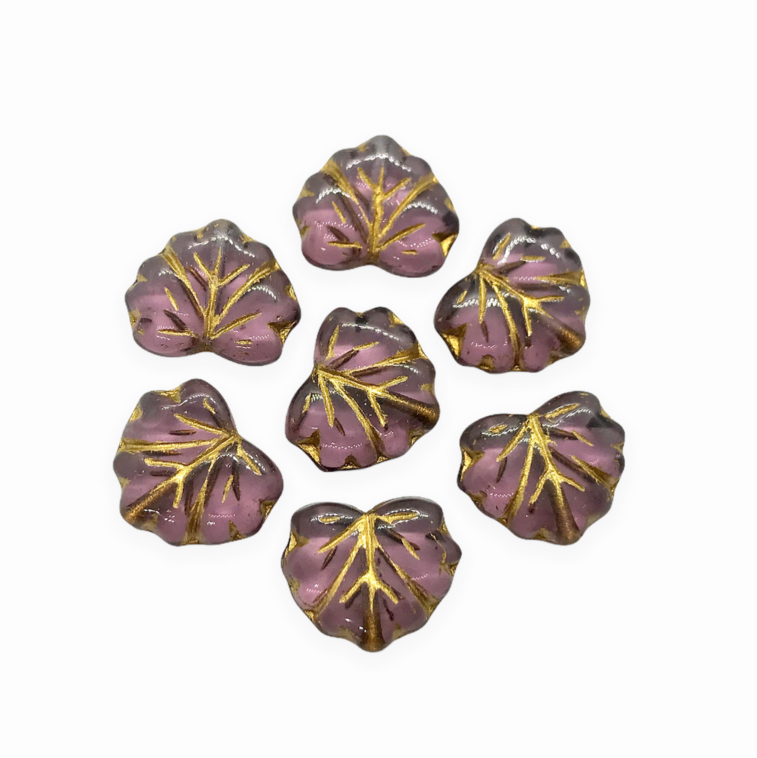 Czech glass maple leaf beads charms 12pcs translucent purple gold 13x11mm