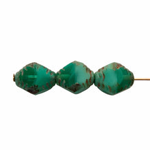 Load image into Gallery viewer, Czech glass carved faceted bicone beads 8pc green blue 10x8mm-Orange Grove Beads
