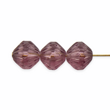 Load image into Gallery viewer, Czech glass carved fluted faceted bicone beads 15pc translucent purple 9mm
