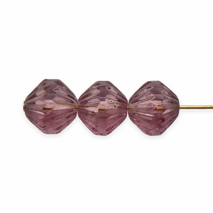 Czech glass carved fluted faceted bicone beads 15pc translucent purple 9mm
