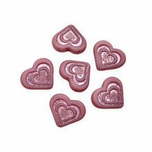 Load image into Gallery viewer, Czech glass 16mm carved heart in heart beads charms 6pc matte pink metallic-Orange Grove Beads
