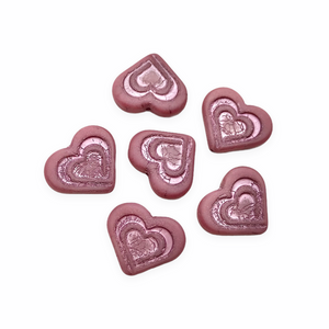 Czech glass 16mm carved heart in heart beads charms 6pc matte pink metallic-Orange Grove Beads