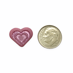 Czech glass 16mm carved heart in heart beads 6pc matte pink metallic