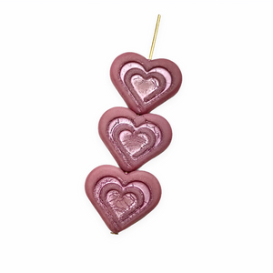 Czech glass 16mm carved heart in heart beads 6pc matte pink metallic