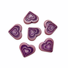 Load image into Gallery viewer, Czech glass 16mm carved heart in heart beads charms 6pc pink purple inlay-Orange Grove Beads
