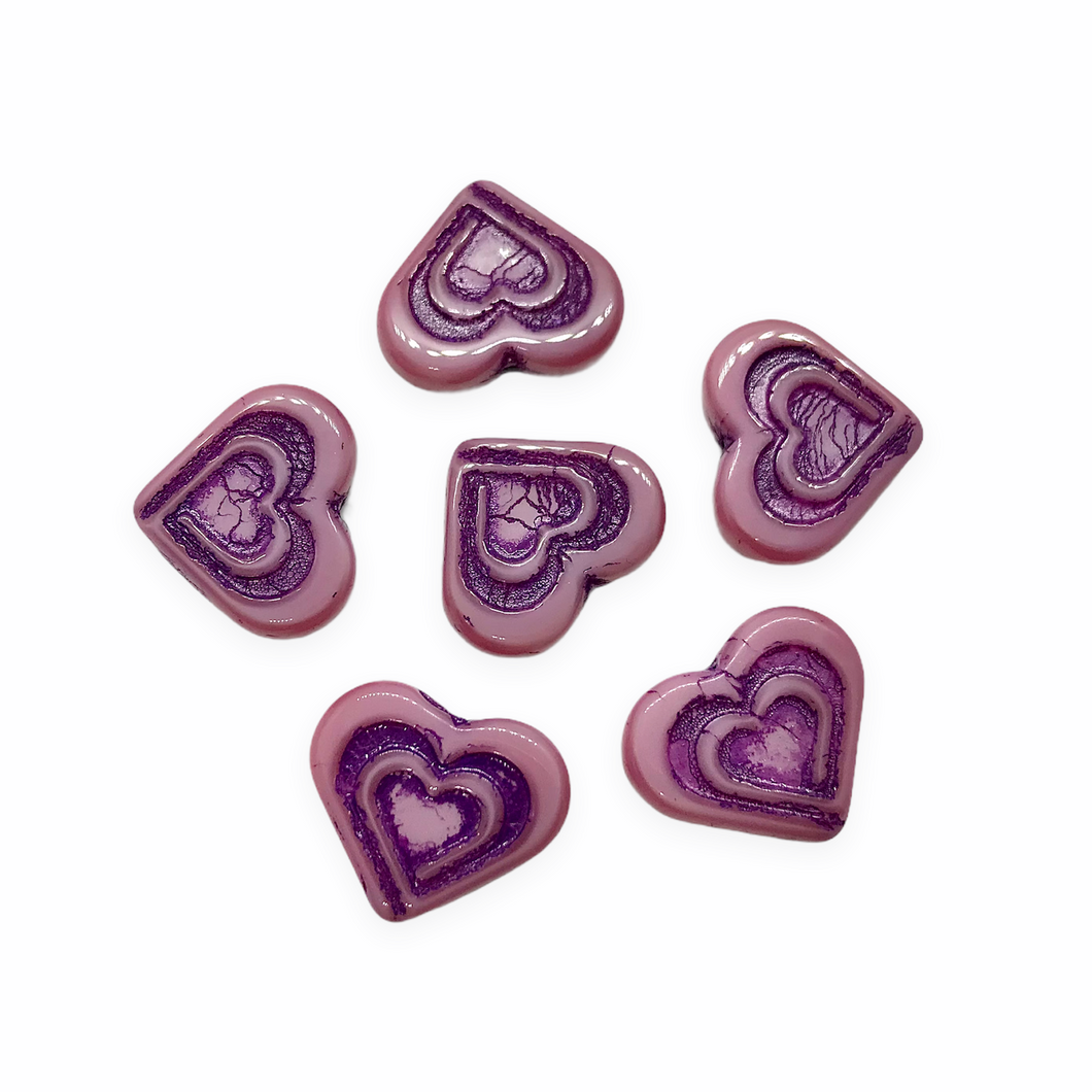 Czech glass 16mm carved heart in heart beads charms 6pc pink purple inlay-Orange Grove Beads