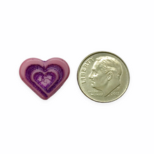 Load image into Gallery viewer, Czech glass 16mm carved heart in heart beads charms 6pc pink purple inlay
