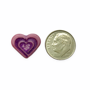 Czech glass 16mm carved heart in heart beads charms 6pc pink purple inlay