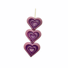 Load image into Gallery viewer, Czech glass 16mm carved heart in heart beads charms 6pc pink purple inlay
