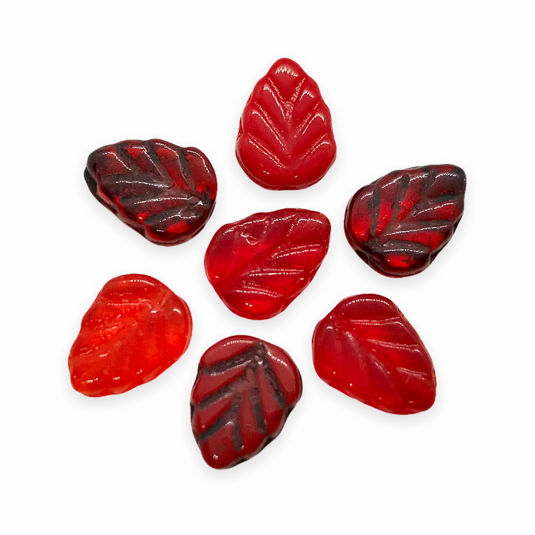 Czech glass carved leaf beads charms 16pc red shades mix 10mm-Orange Grove Beads
