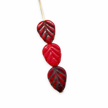 Load image into Gallery viewer, Czech glass carved leaf beads charms 16pc red shades mix 10mm vertical drill
