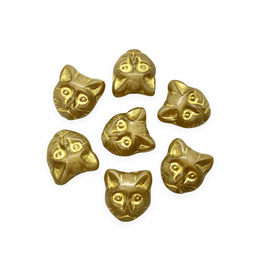 Czech glass cat face beads 10pc caramel silk gold 13x11mm