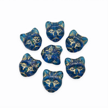 Load image into Gallery viewer, Czech glass cat head face beads 10pc translucent blue gold 13x11mm-Orange Grove Beads
