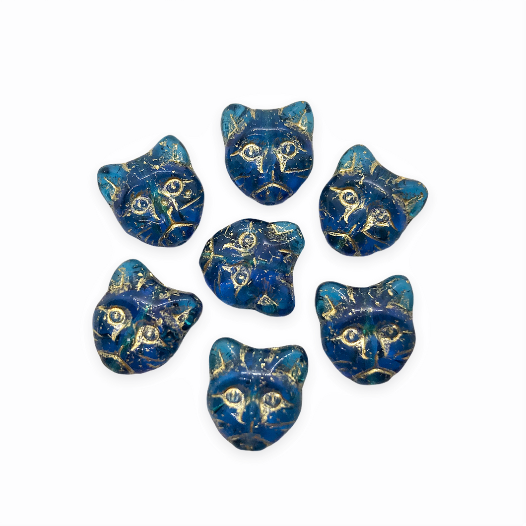 Czech glass cat head face beads 10pc translucent blue gold 13x11mm-Orange Grove Beads
