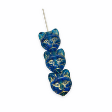 Load image into Gallery viewer, Czech glass cat head face beads 10pc translucent blue gold 13x11mm
