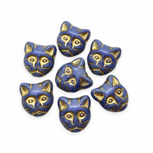 Load image into Gallery viewer, Czech glass cat head face beads 10pc opaque blue gold 13x11mm-Orange Grove Beads
