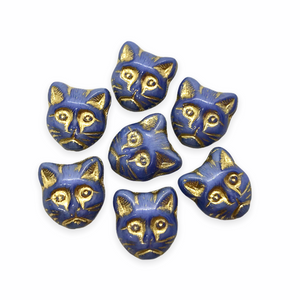 Czech glass cat head face beads 10pc opaque blue gold 13x11mm-Orange Grove Beads