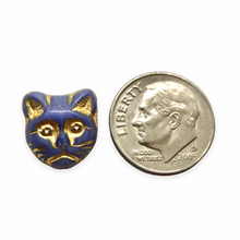 Load image into Gallery viewer, Czech glass cat head face beads 10pc opaque blue gold 13x11mm
