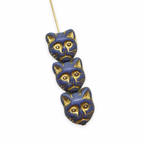 Czech glass cat head face beads 10pc opaque blue gold 13x11mm